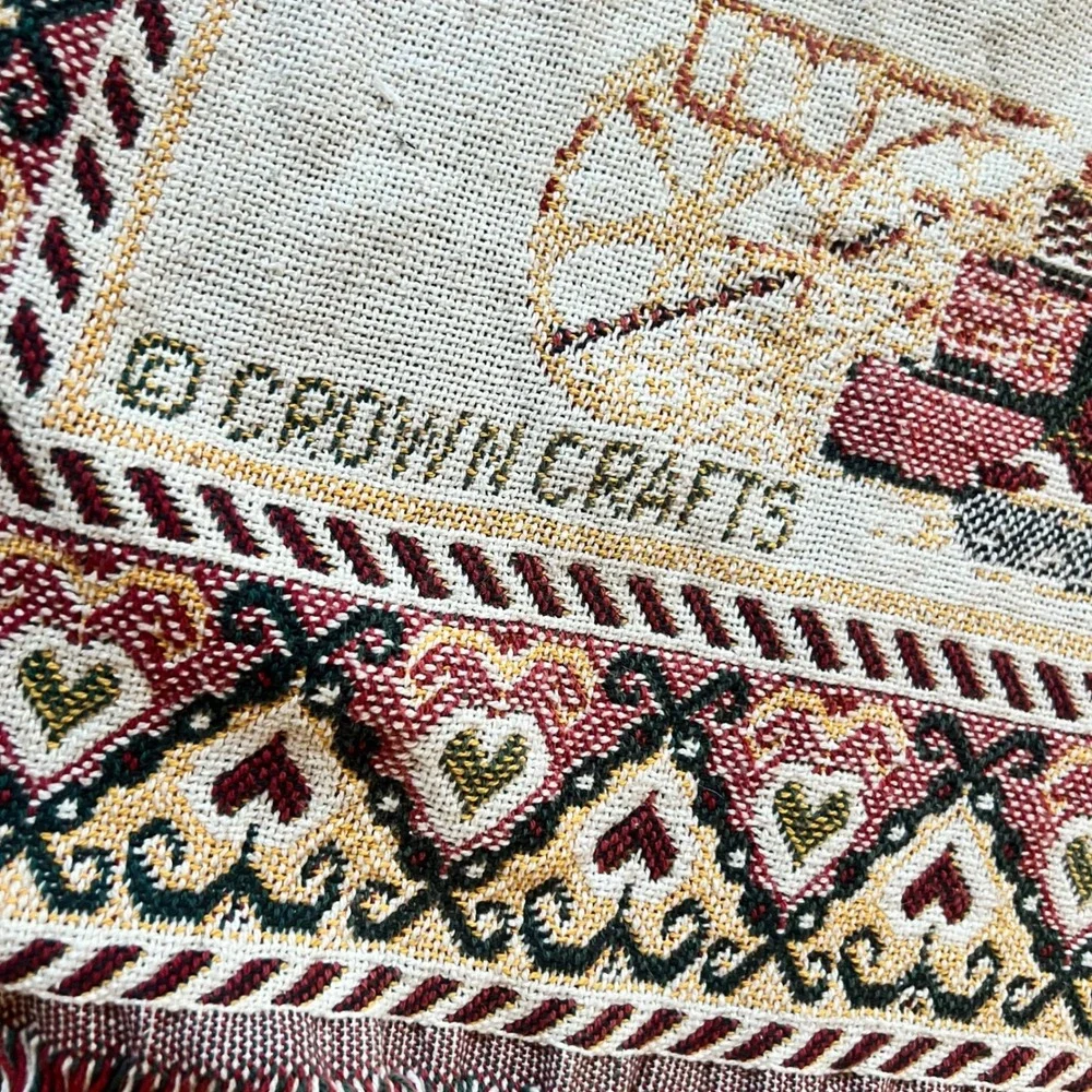 Crown Crafts Christmas Tree Woven Tapestry Throw Blanket Burgundy Cotton USA